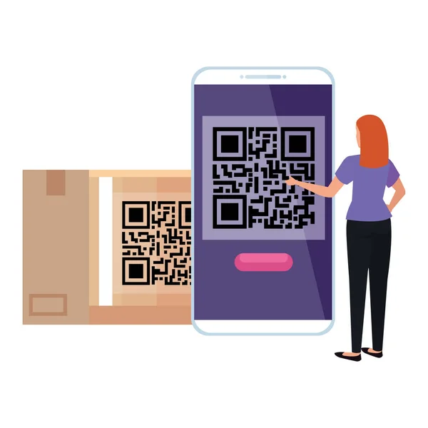 Code qr in box and smartphone with businesswoman — Stockvektor
