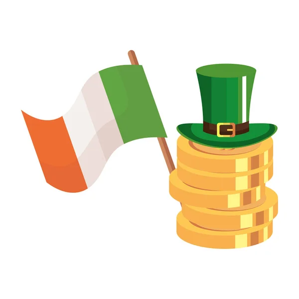 Chapéu superior e moedas e irlanda bandeira — Vetor de Stock