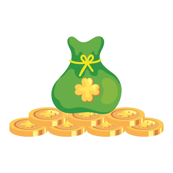 Bag and coins with clovers isolated icon — Stok Vektör