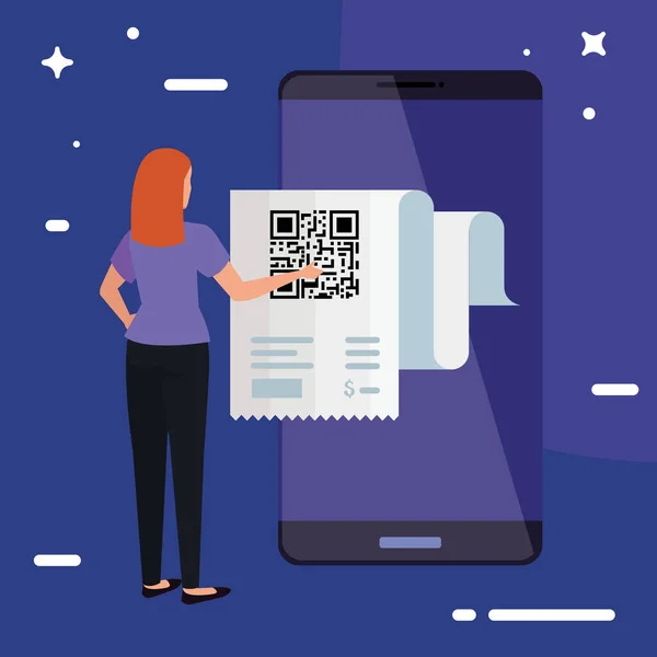 Escanear el código qr en el teléfono inteligente con mujer de negocios — Archivo Imágenes Vectoriales