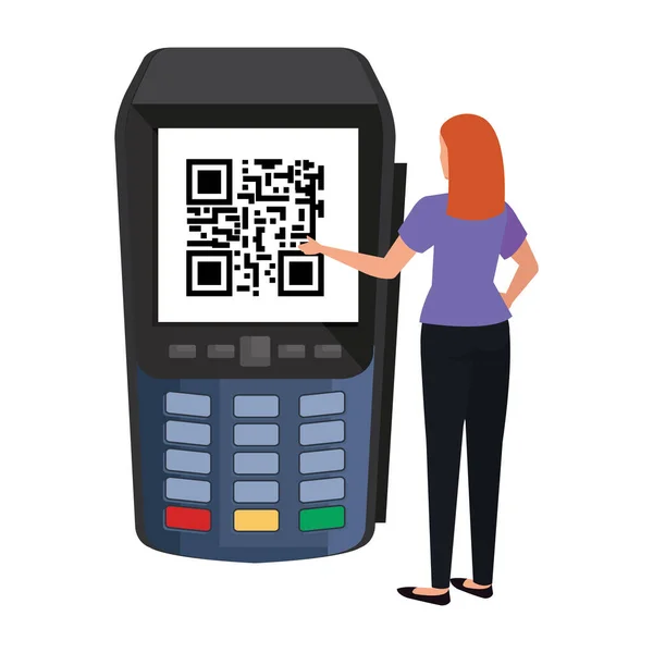 Businesswoman and dataphone with scan code qr — Stock vektor