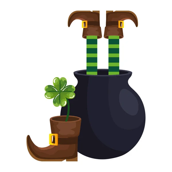 Leprechaun legs with in cauldron and clover — 스톡 벡터