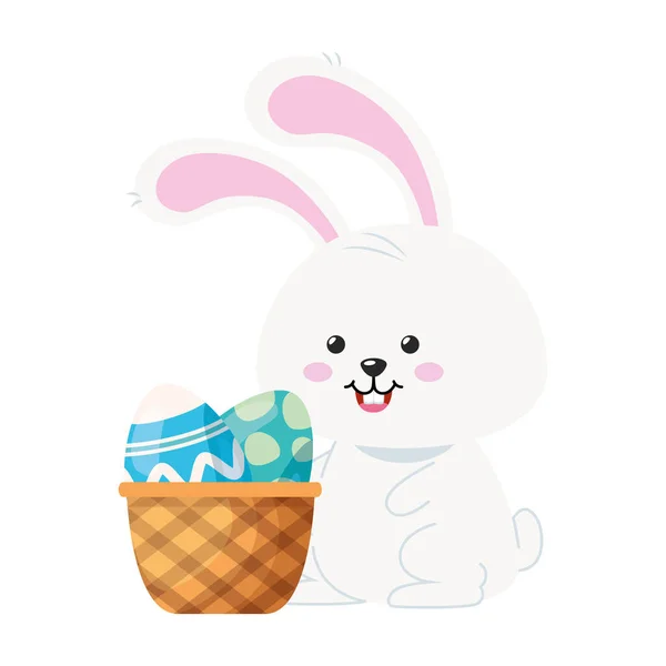 Rabbit and set of cute eggs easter decorated in basket wicker — Stock Vector