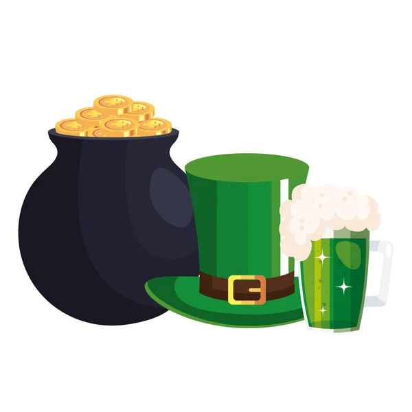 Top hat leprechaun and cauldron and beer jar — Διανυσματικό Αρχείο