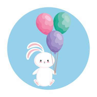 cute rabbit with balloons helium in frame circular