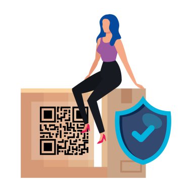 Kutu ve kalkanında QR kodu olan bir iş kadını