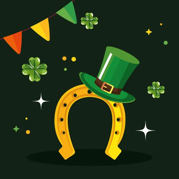 Chapeau haut de forme leprechaun avec fer à cheval et guirlandes suspendues — Image vectorielle