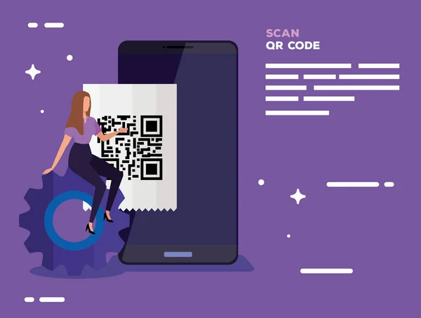 Scanner le code qr dans le smartphone avec femme d'affaires et icônes — Image vectorielle