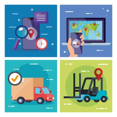 Akıllı telefon dizüstü bilgisayar kamyonu ve forklift vektör tasarımı