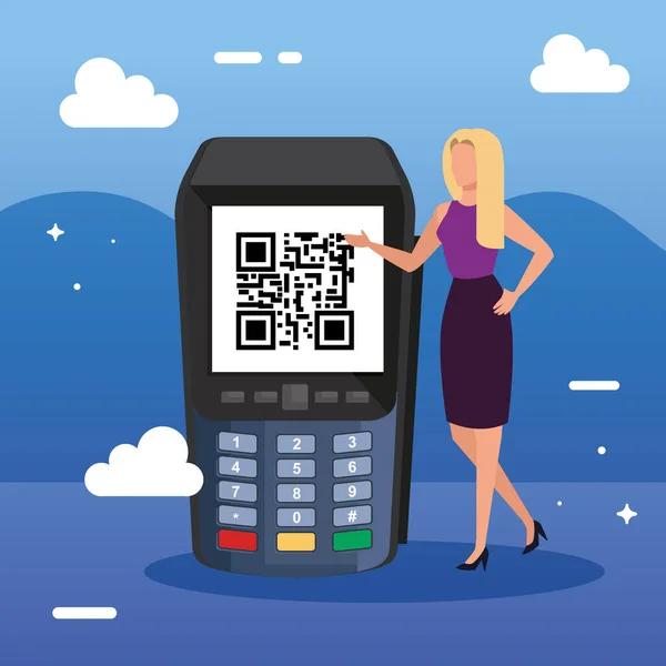 Businesswoman and dataphone with scan code qr — Stockový vektor