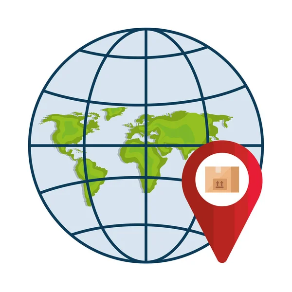 Caixa de entrega isolada dentro da marca de GPS e design de vetor de esfera de mapa mundial — Vetor de Stock