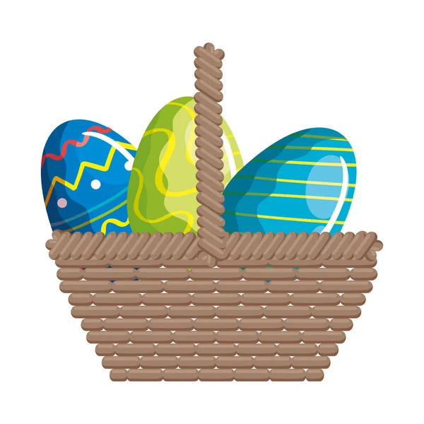 Ensemble d'oeufs mignons Pâques dans le panier en osier — Image vectorielle