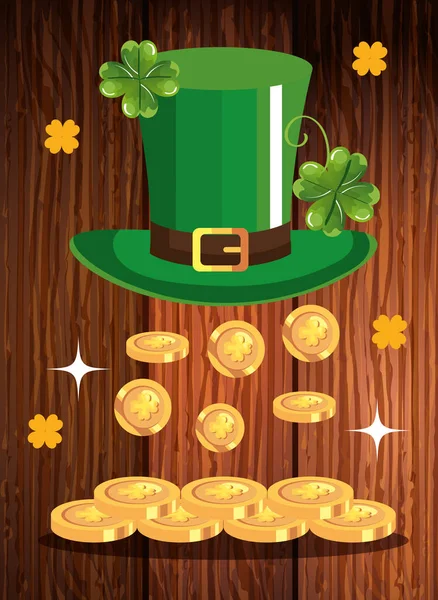 Top hat leprechaun with coins in wooden background — Stock Vector