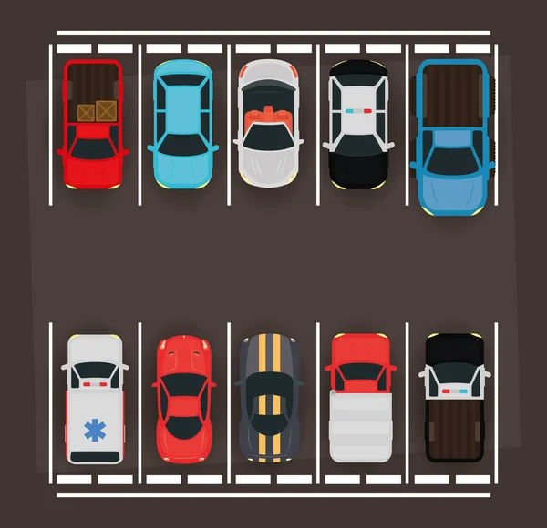 Group of cars in parking zone scene — Stock Vector