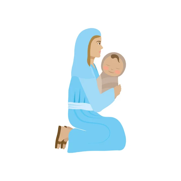 Cute mary virgin with jesus baby manger characters — Διανυσματικό Αρχείο