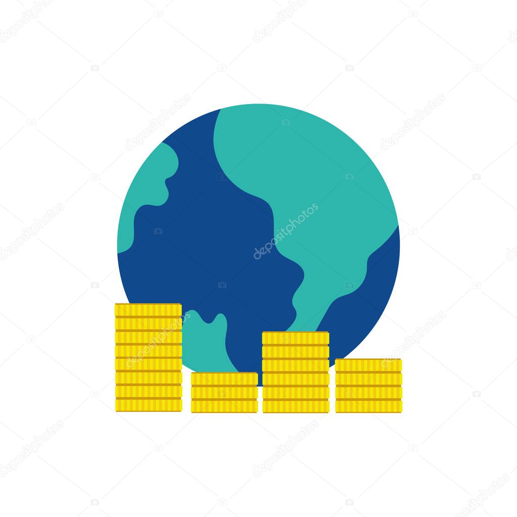 world planet with pile coins money dollars flat style