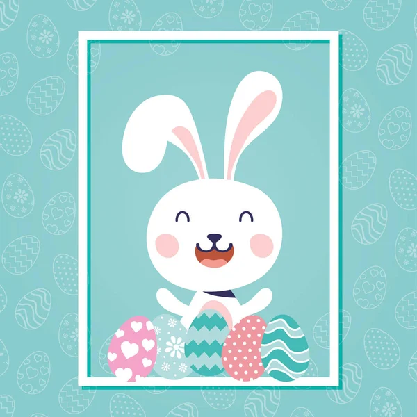 Happy easter celebration card with rabbit and eggs painted — Stock Vector