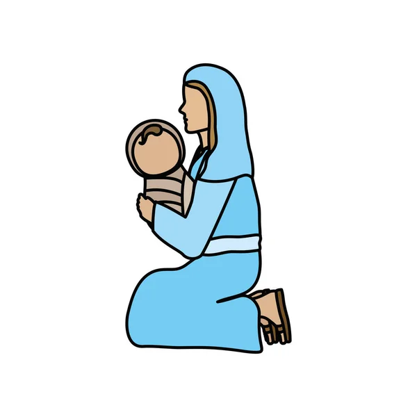 Cute mary virgin with jesus baby manger characters — 图库矢量图片