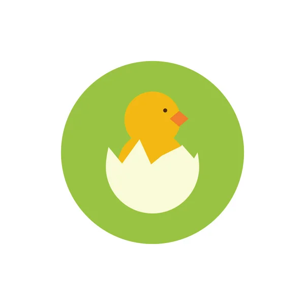 Schattig klein kuiken in eierschaal lente blok en platte stijl — Stockvector