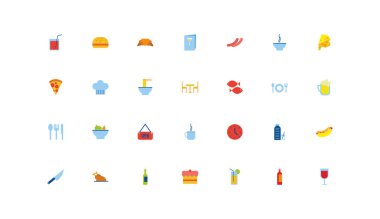 Düz simgeler dizilmiş restoran paketleri