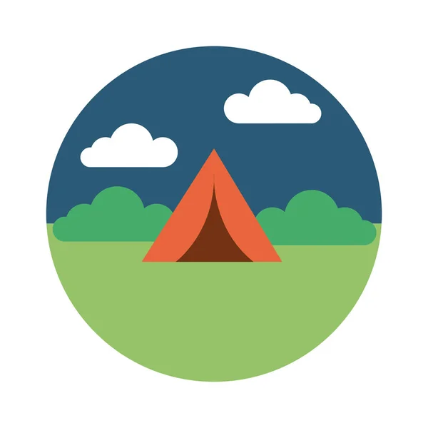 Landscape scene with camping tent flat style icon — Stock Vector