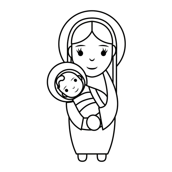 Cute mary virgin with jesus baby manger characters — 图库矢量图片