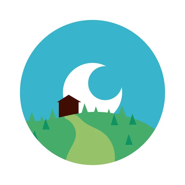 家と月のフラットスタイルのアイコンと風景シーン — ストックベクタ
