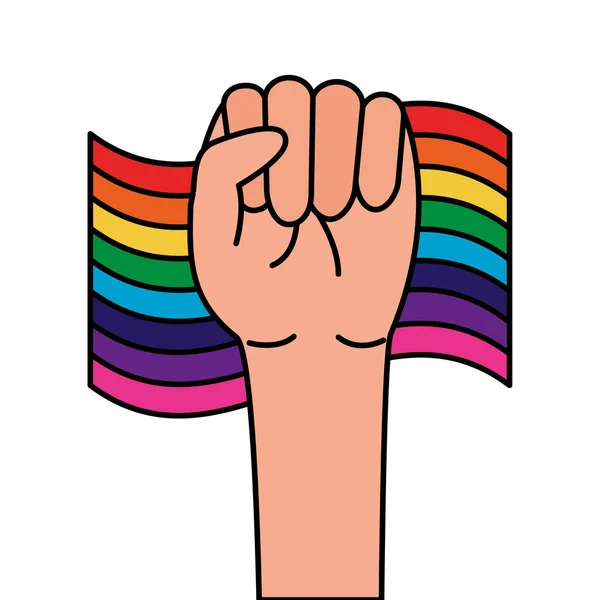 Flag gay with rainbow colors and hand fist — Stock vektor
