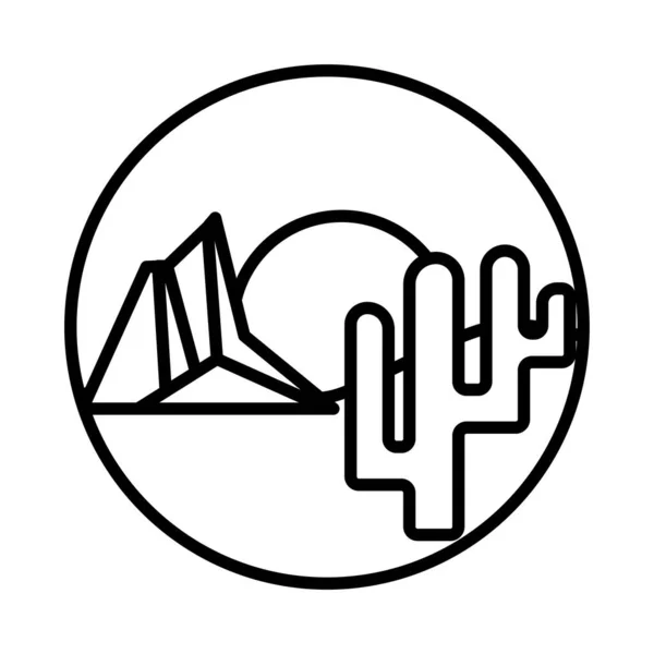Paesaggio desertico con montagne e cactus icona in stile linea — Vettoriale Stock