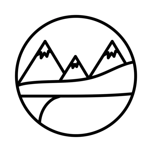 Paisaje con nieve montañas escena línea estilo icono — Vector de stock