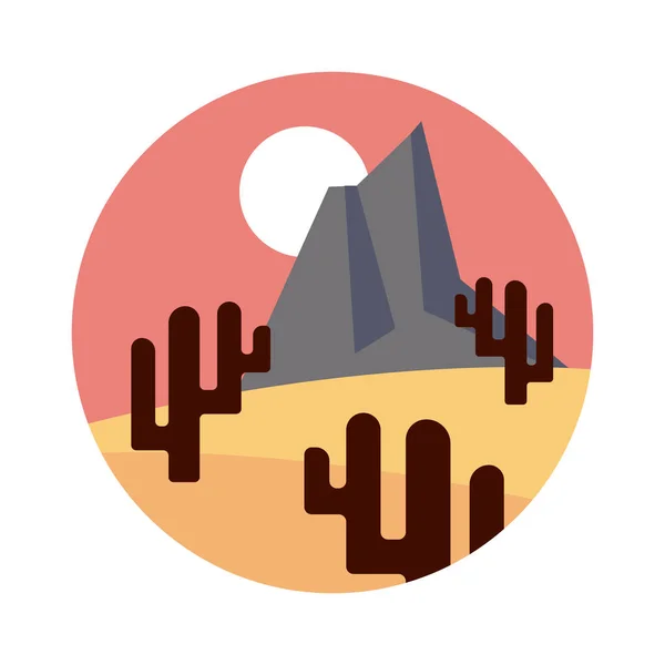 Wüstenlandschaft mit Bergen und Kakteen flache Stil-Ikone — Stockvektor