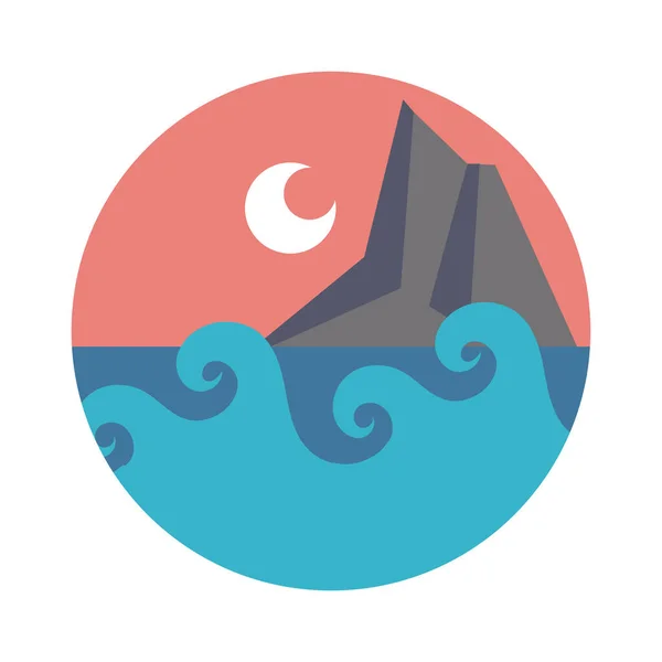 Paisaje marino con luna y montaña icono de estilo plano — Vector de stock