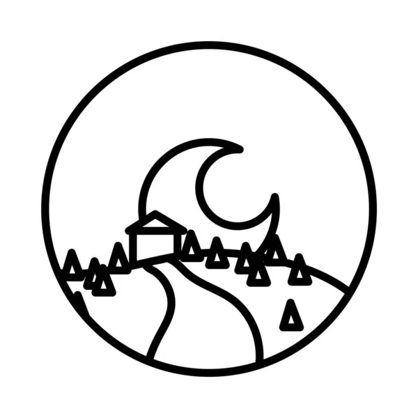 Landscape scene with house and moon line style icon — 스톡 벡터