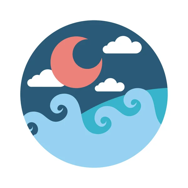 Sea scape scene with moon flat style icon — ストックベクタ