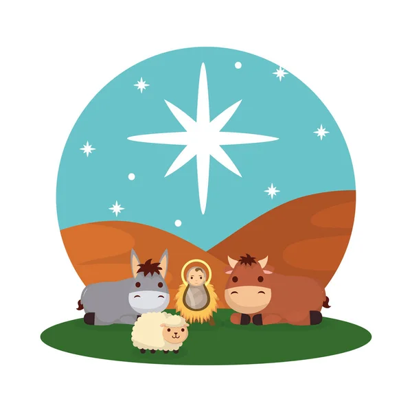 Jesus baby with mule and ox manger characters — Stok Vektör