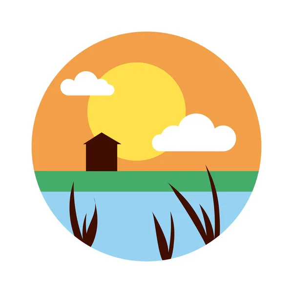 Paisaje con sol y escena de la casa icono de estilo plano — Vector de stock