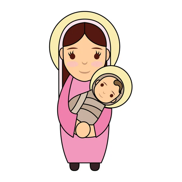 Cute mary virgin with jesus baby manger characters — Stockvector