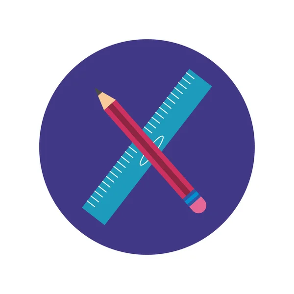 Crayon et règle bloc d'approvisionnement scolaire et icône de style plat — Image vectorielle