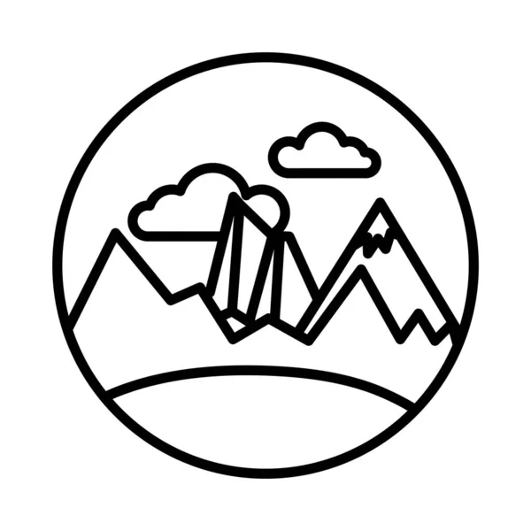 Paesaggio con neve montagne scena linea stile icona — Vettoriale Stock