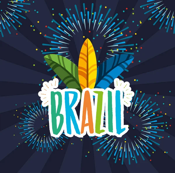 Canival de rio celebración brasileña con plumas sombrero y letras — Vector de stock