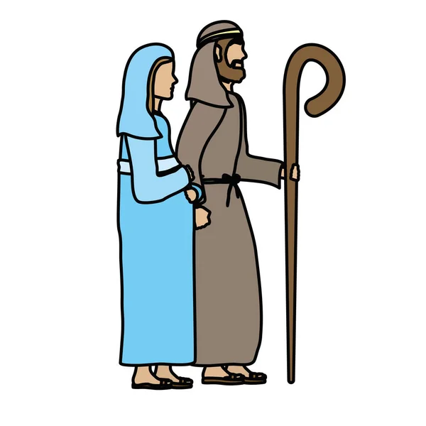 Cute mary virgin and saint joseph manger characters — Stock vektor