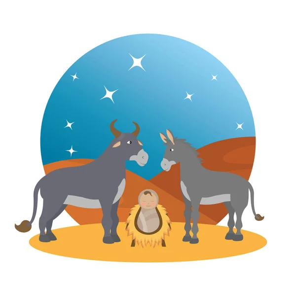 Jesus baby with mule and ox manger characters — Wektor stockowy
