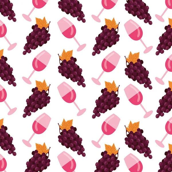 Wine cups and grapes fruits pattern — Stock vektor