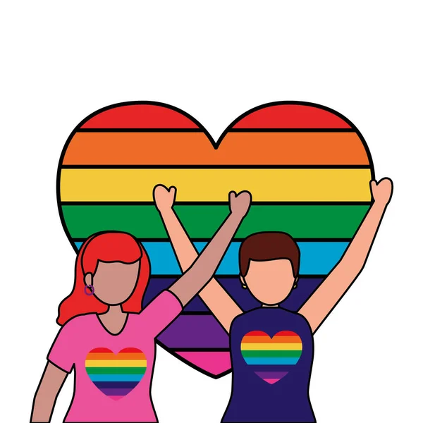 Couple gay protest with heart rainbow colors — Stock vektor