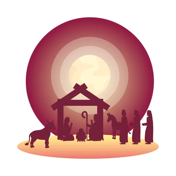 Sainte famille et les animaux avec wize hommes mangeoire silhouettes — Image vectorielle
