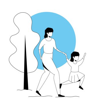 Anne ve kızı park manzarasında yürüyorlar.