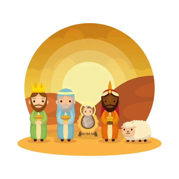 Wize men kings with jesus baby manger characters — Stock Vector