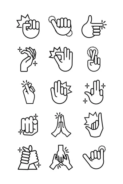 Bundle of hands signals line style icon — 스톡 벡터