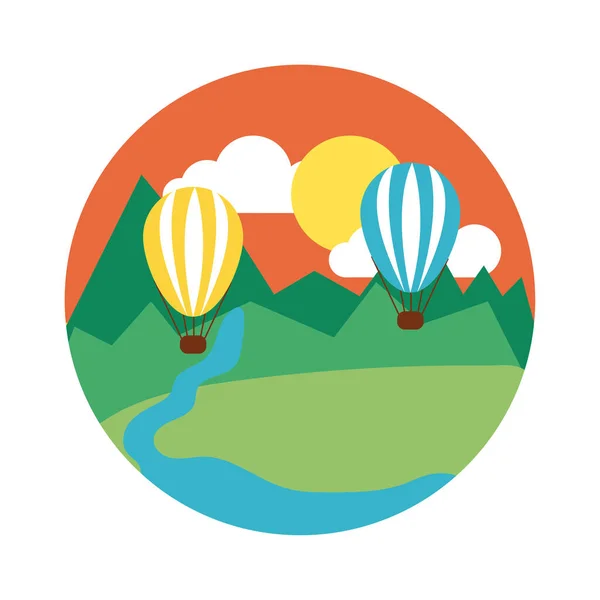 Landscape scene with balloon air hot flat style icon — Stockvektor