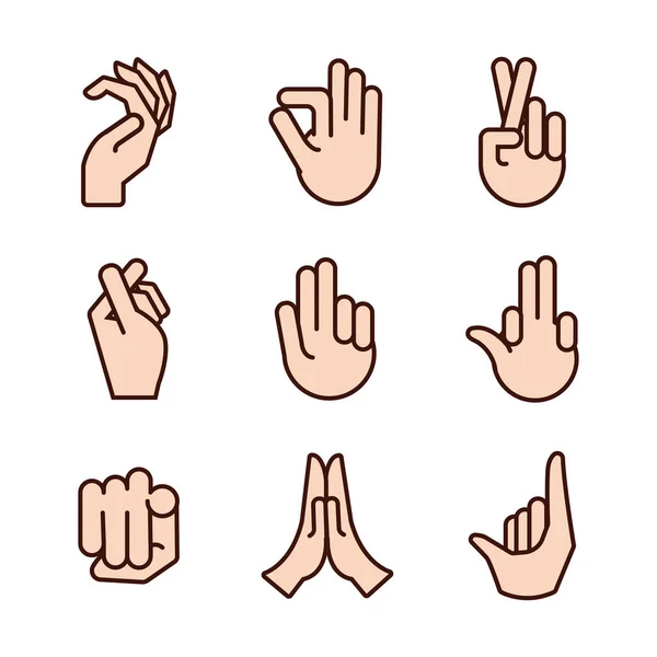 Bundle of hands signals line and fill style icon — 图库矢量图片